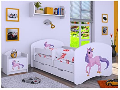 BDW Kinderbett mit Matratze und Bettkasten - NEU, 140/160/180/190 Verschiedene Motive Für Junge Weiß (Einhorn, 160x80)