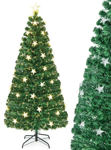 TANGZON 5FT/6FT Fiber Optic Christmas Tree, Pre-Lit Xmas Tree with 180/230 Branch Tips, 21/30 Warm White Star Lights, 8 Lighting Modes & Foldable Metal Stand, Artificial Pine Tree Holiday Decor (6FT)