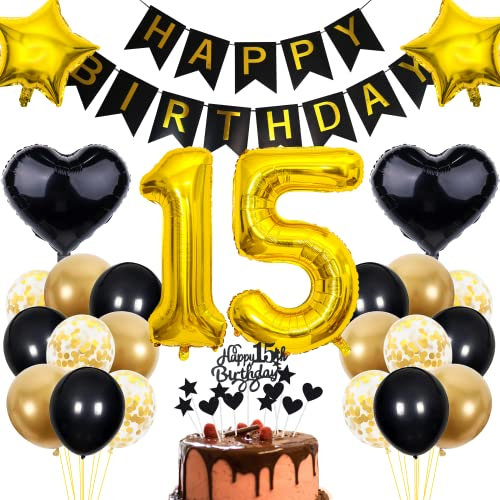 Cnrose 15. Geburtstag Dekoration,Schwarz Tortendeko Geburtstag 15 Jahre Junge,Party Deko Gold Schwarz,15 Geburtstag Junge Mädchen,Tortendeko 15. Geburtstag Mädchen,Geburtstagsdeko 15 Jahre Junge
