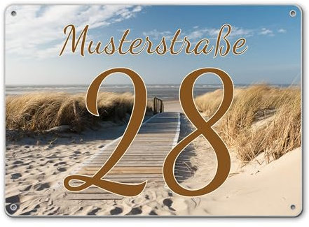 banjado® Hausnummernschild personalisierbar Motiv Dünen - Hausschild personalisiert Draußen mit Straßennamen möglich - Hausnummernschild Edelstahl versch. Motive - inkl. Montagematerial