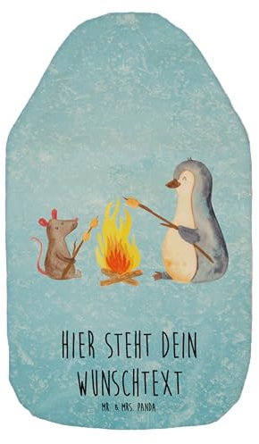 Mr. & Mrs. Panda Personalisierte Wärmflasche Pinguin Lagerfeuer - Personalisierte Geschenke, Wärmflaschenbezug mit Namen, Wärmflasche mit Namen,