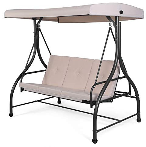 COSTWAY 3 Seater Garden Swing Chair, Convertible Outdoor Hammock Bench Chair with Adjustable Canopy and Cushions, Steel Frame Porch Patio Swing Seat Lounger for Balcony, Deck and Poolside (Beige)