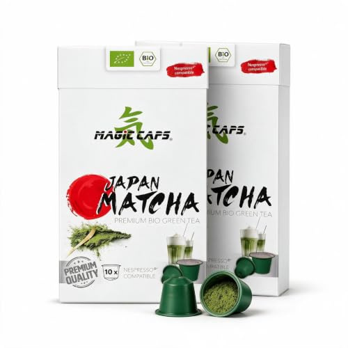 MatchaMagic Bio Matcha Tee Caps 2 x 10 für Nespresso®-kompatible Maschinen | Matcha Tee Kapseln, japanischer Bio Grüntee, Premium Tee, pur, oder als Matcha Latte mit Milch