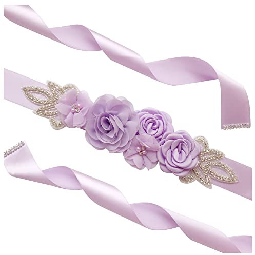 SHTGOI Cinturón de mujer con perlas de estrás para novia, con flores, cinta de raso, para bodas, para dama de honor, faja, rosa, vestido de novia, accesorio para vestido, 270 cm, color morado claro