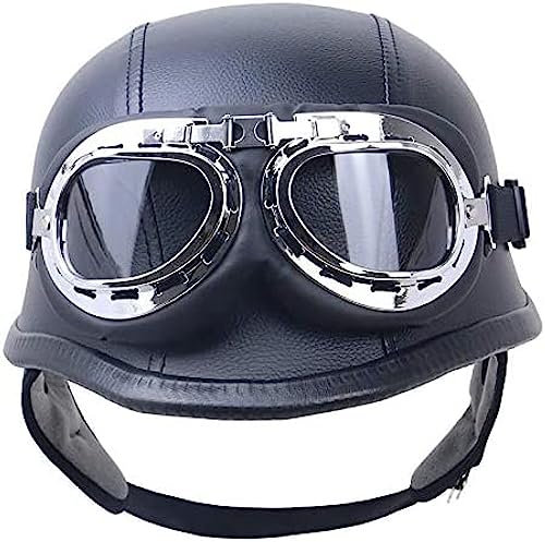 HUSANGGE Motorrad-Halbhelme Für Männer Und Frauen, DOT-zertifizierter Deutscher Motorrad-Lederhelm, Halbgesichtssicherer Schutzhelm, Biker-Pilot-Biker-Helm + Schutzbrille,M=57~58cm,Pleasant63