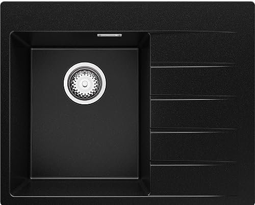 Evier Cuisine en Granit Noir 62x50cm, Lavabo 1 bac + Kit de Vidage, Évier à Encastrer au meuble 40cm - Sydney de Primagran