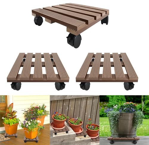 Valman 2/3/4er WPC Pflanzenroller, Untersetzer mit Rollen Feststellbar Eckig, Rollbrett Pflanzen 100 kg Tragkraft, für Außenbereich und Innenbereich,25×25cm,3 Pcs