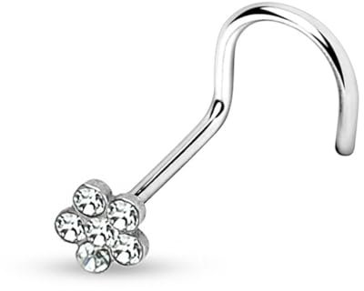 viva-adorno Nasenpiercing gebogen 0,8mm Nasenstecker Zirkonia Kristall Blume Blüte Nasenring Z328, kristall klar
