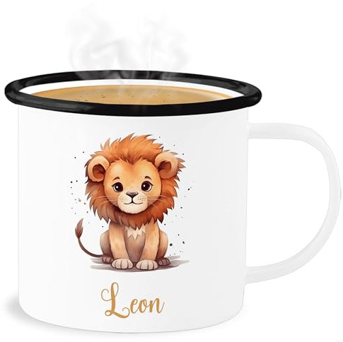 Emaille Becher Blechbecher - Süßer Löwe mit Name personalisiert I Löwen Geschenk I Zootiere I König der Tiere I Leu - 300 ml - Weiß Schwarz - löwenmotiv leon tasse tier personalisierte tassen