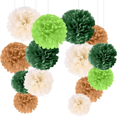 Pompons Deko, 20 Stück Seidenpapier Pompoms Deko Hochzeitsdeko Vintage Lampions für Geburtstag taufe deko Party Valentinstag (Weihnachtsgrün Grün Khaki Beige Goldener Wellenpunkt)