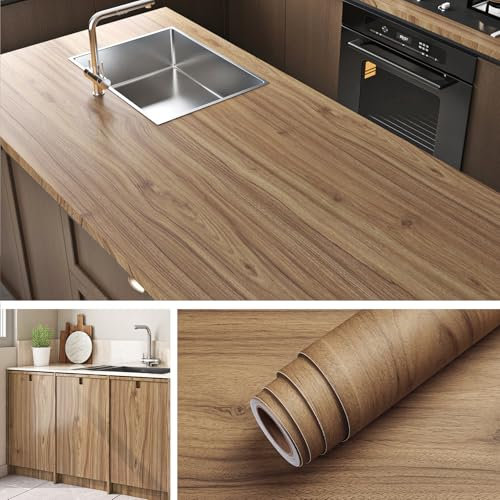 Livelynine Kitchen Worktop Covering Vinyl Self Adhesive Wood Effect 40CMx5M Sticky Back Plastic Brown Wood Contact Paper Self Adhesive Light Wooden for Furniture Desk Top Splashback Wooden Vinyl Wrap