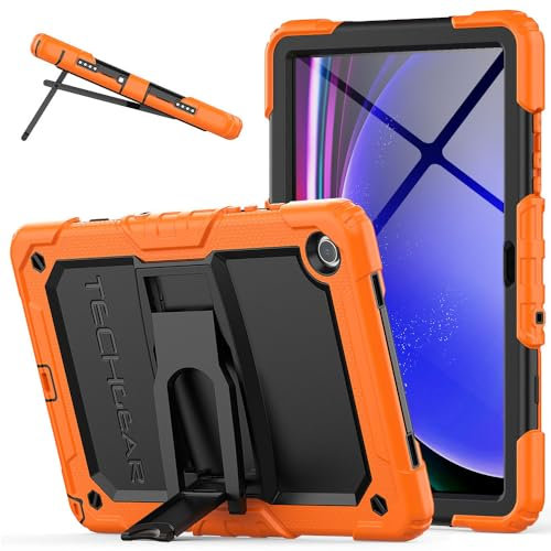 TECHGEAR ArmourSHIELD Case For Samsung Galaxy Tab A9 Plus 11 2023 (SM-X210 / SM-X215) Full Body Tough Shockproof Rugged Case with Folding Stand & Screen Protector, Kids Schools Work, Orange