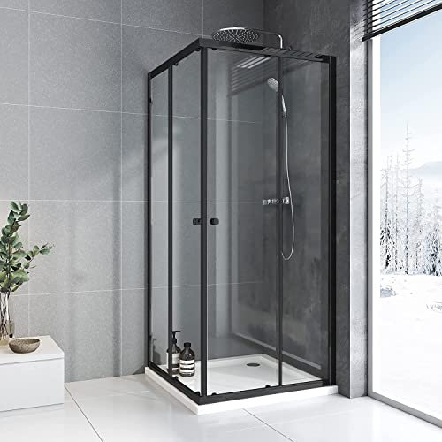 Duschkabine 75x75 cm Eckeinstieg Schiebetür,Schwarz Doppel Schiebetür Duschabtrennung 6mm ESG Glas Duschwand Dusche,Höhe 185 cm