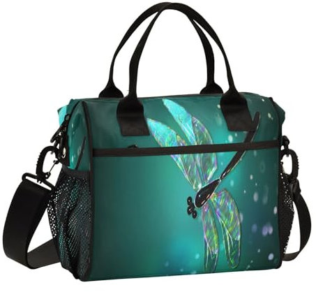 Lonchera de vidrio con libélula para viajes, picnic, senderismo, enfriador de alimentos con aislamiento de animales, con correa ajustable para el hombro, para mujeres, hombres y adultos