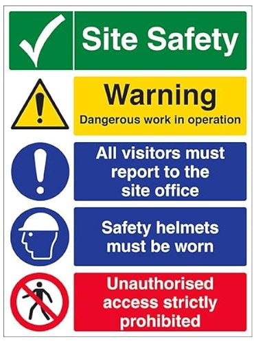 V Safety Warning Building Site - Multi Hazard Site Safety Site Tick - 450 X 600MM Safety Sign With Snap Frame