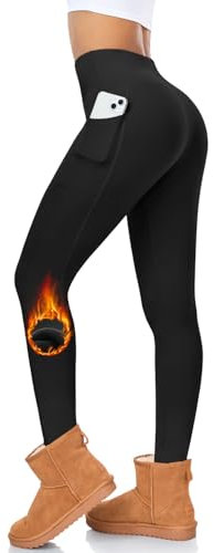 FuelMeFoot Thermo Leggings Damen Gefüttert Fleece High Waist Thermounterwäsche Warm Lang Strümpfhose Blickdicht Winter.01-Schwarz Seitentaschen L/XL