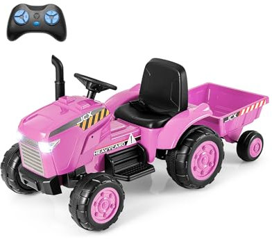 DREAMADE Traktor mit Anhänger, 12V Kindertraktor mit Fernsteuerung, Musik, USB, Lichtern & Hupe, Traktor Kinder zu Fahren, Elektrotraktor für Kinder ab 3 Jahren (Rosa-Lila)