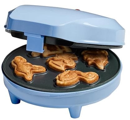 Bestron Waffeleisen für Mini-Dino-Cookie's, Mini-Cookie-Maker in Dinosaurier-Motiven, Waffeleisen für Mini-Waffel-Kekse, mit Backampel & Antihaftbeschichtung, 700 Watt, Farbe: Babyblau