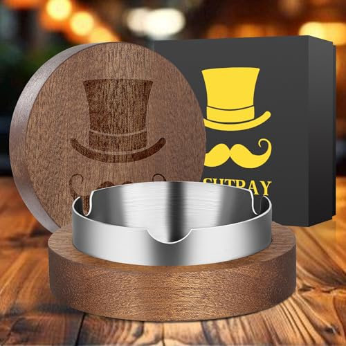 Aschenbecher aus Holz mit Deckel, geruchsdicht für Zigarren-Zigarette, tragbarer Aschenbecher für den Innen- und Außenbereich, Reisen, graviertes Hut- und Schnurrbart-Motiv, Geburtstagsgeschenke,