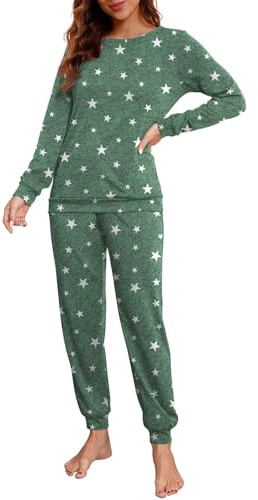 PrinStory Schlafanzug Damen Lang Pyjama Set Nachtwäsche Loungewear Rundhals Schlafanzugoberteile Und Schlafhosen Mit Taschen (Weißer Stern Grün, M)