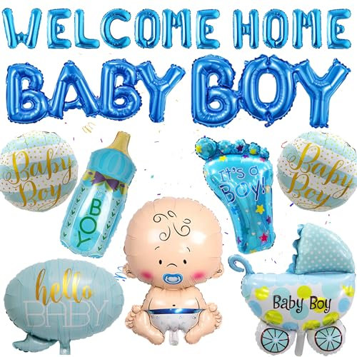 Babyparty Deko Ballons Junge Blau - 19 Stück Willkommen Baby Dekoration Welcome home Baby Boy Folienballon Neugeborene Fußförmige Kinderwagen HelloBaby Ballon für Baby Shower Gender Reveal Dekorations