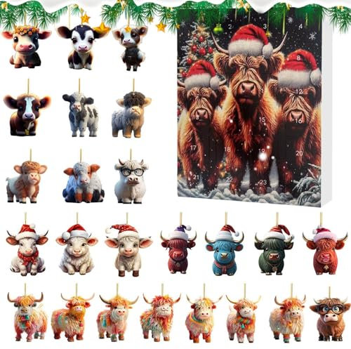 Ukisisi Highland Cow Adventskalender Anhänger，Highland Kuh Weihnachten Adventskalender 2024,24 Tage Countdown Sammlerstück