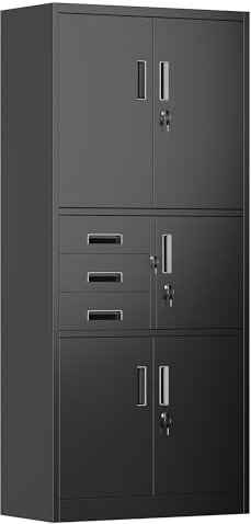SUPEER Aktenschrank,Metallschrank mit DREI SchubladenLagerschränke,Stahlblech Pulverbeschichtung,Stahlschrank für Werkzeuge, Büro,180 x 80 x 40 cm(schwarz)