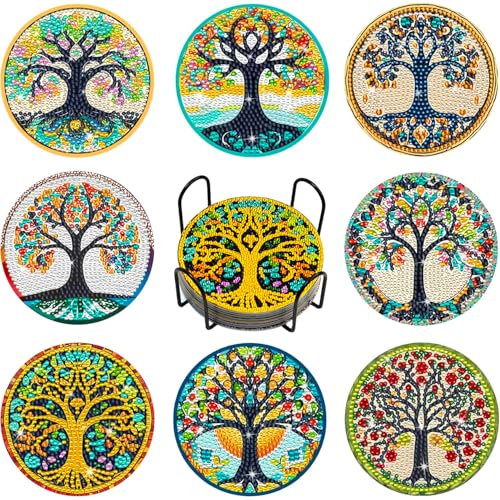 Kuaikely Lot de 8 dessous de verre ronds antidérapants avec support Motif arbre de vie 5D pour tasses à bière, café, maison et bar