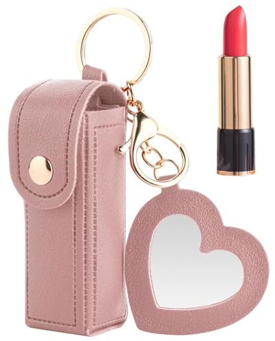 BNREOZA 1 Stück tragbare Lippenstifttasche, Reise-Lippenstifttasche, tragbares PU-Leder, Mode-Mini-Lippenstifttasche mit Liebes-Anhänger für Lippenstift, rosa