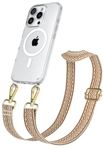 EAZY CASE Handykette - Verstellbares Taschenband kompatibel mit iPhone 16 Pro, Schulterriemen, Handykordel mit Silikon Hülle, Qi Charging kompatibel, Umhängetasche, Beige Braun Gold