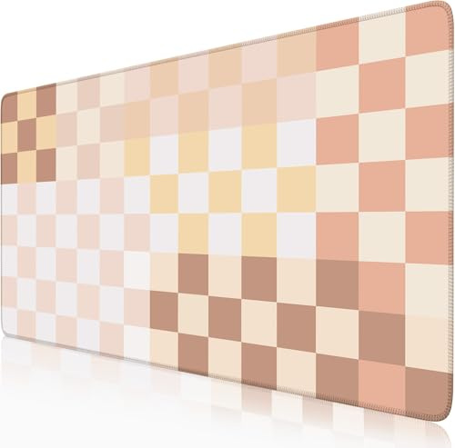 Karierte Boho-Schreibtischunterlage, beige, rosa, XXL, pastellfarbenes Retro-Mauspad mit genähten Kanten, Tastatur-Pad, Mauspad für Computer, ästhetische Bürodekoration, Schreibtischmatte für