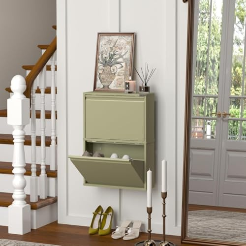 VEEHAUS Schuhregal, schmal, hoch, Schuhschrank, mit magnetischem Deckel, Wandmontage, aus Metall (Graugelb, 2 Klappen)