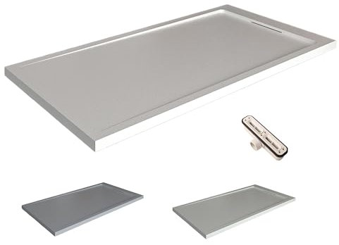VAROBATH | Plato de ducha de resina STYLE - Resina con relleno mineral y textura pizarra antideslizante C3 - Incluye válvula de desagüe y rejilla oculta (BLANCO RAL9003, 70X170)