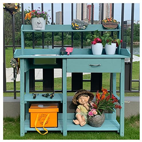 SGKOMN Garten-Werkbank mit Abnehmbarer Spüle, Ablageflächen und Schublade – Vielseitiger Pflanztisch zum Bepflanzen und Ordnen von Gartenbedarf (Blue-117x45x121cm)