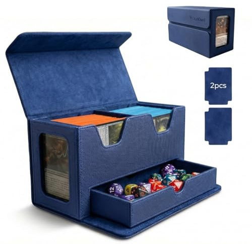 DeckDwell Double Deck Box MTG Commander 200+ Cards with Dice Tray blue | Dual display for quick ID. Durable PU leather, soft lining. Holds 200+ cards, includes dice tray, perfect for TCG.