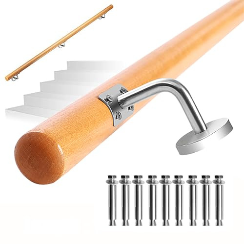 INMOZATA Handrails for Stairs, 150CM/5FT Wall Mount Wooden Handrail, Round Hand Rails Stairs with Metal Barckets, Safety Grab Bar Porch Stair Handrail