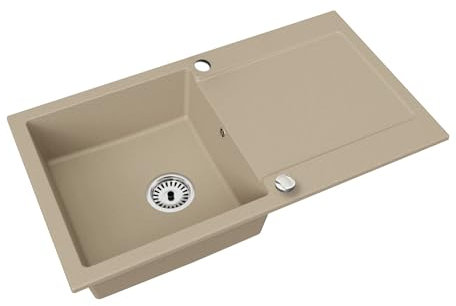 Faizee Home | Granitspüle 90x50 cm – Reversibles Spülbecken mit Abtropffläche inkl. Siphon & Drehexzenter | Kratzfest, hitzebeständig & für 45 cm Unterschränke (Beige)
