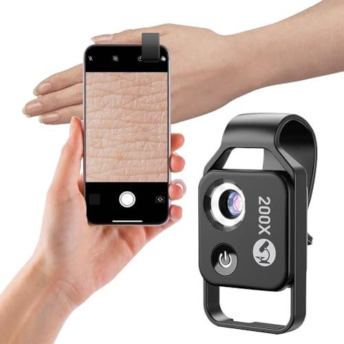 200X Smartphone Mini Microscope Nano Zoom Portable Handheld Microscope with LED Light, 200x Phone Mini Pocket Microscope, Clip-on Lens, Multi-Layer Coating, LED Fill Light