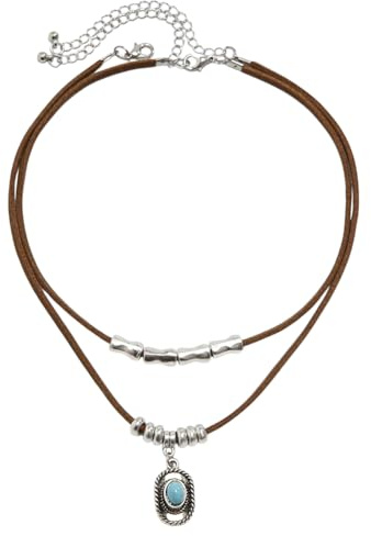 CALFOVERA 2 Stück Boho Halsketten Aus Türkisfarbenem PU Leder Für Damen Western Halsband Vintage Verstellbar Cowboy/Cowgirl Halskette Mit Doppellagiger Lederkordel Und Sternanhänger Für Männer