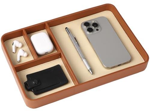 SWEWARM Caramel Leather Valet Tray for Men, Vegan Leather Catchall Tray, Nightstand Tray Bedside Organizer with 4 Compartments, 11.81 x 7.87 in