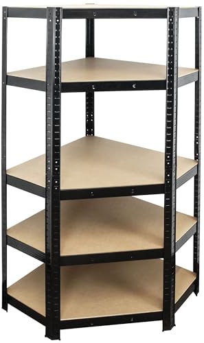 TekBox 5 Tier Boltless Metal Garage Shelves (1, Black (Corner Unit)) | Steel frame, MDF shelf panels, Can be used in variety of layouts, Max load capacity of 175kg per shelf