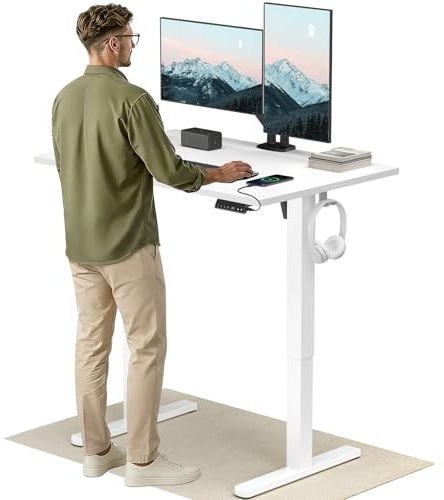 HUANUO Höhenverstellbarer Schreibtisch 120x80cm USB-C&USB-A Ladeanschl | Höhe 72-118cm, 4 Speicherstufen, Der Desktop wird breiter,Kabelmanagement, Haken