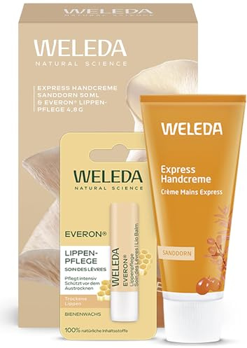 WELEDA Bio JUST Care Handcreme & Lippenpflege Geschenkset – Naturkosmetik Geschenk Pflege Set für trockene Hände & Lippen – Feuchtigkeit Pflege Duo Sanddorn Express Handpflege & Everon Lippenbalsam