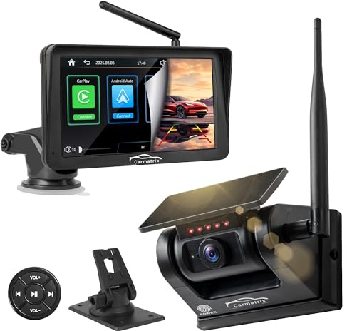 CARMATRIX Kabellose Solar Akku Rückfahrkamera HD mit Magnet & 7 Touchscreen – Apple Car Play & Android – 200m Reichweite – Plug & Play – Auto, PKW, Wohnwagen, Pferdeanhänger, Transporter & Anhänger