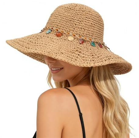 Higijapuf Sun Hats For Women UK, Straw Hat Foldable Summer Cap With UPF 50 Protection, Ladies Sunhat Wide Brim, Beach Headwear With Chin Strap, Packable For Holiday Travel