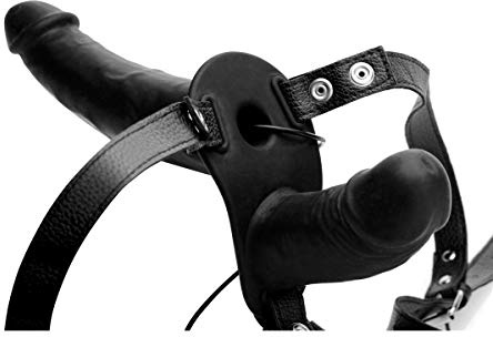 Power Pegger Black Silicone Vibrating Double Dildo with Harness