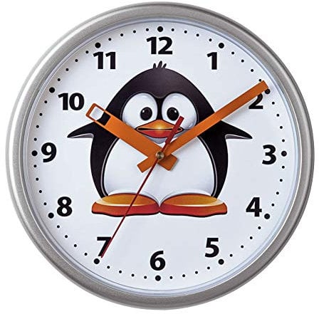 SELVA Kinderwanduhr, Pinguin-Motiv, Kunststoff-Gehäuse, Plastikglas, geräuscharm, für Mädchen und Jungen, Durchmesser 23 cm