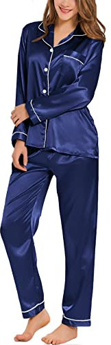 SWOMOG Womens Pyjamas Long Sleeve Pyjama Set Silk Satin Pjs Soft and Smooth Pj Set Comfy Sleepwear