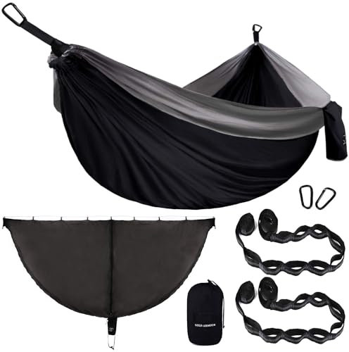 Gold Armour Camping Hängematte und Käfernetz-Set - Doppelte Fallschirm-Hängematte (2 Baumgurte 32 Schlaufen / 20 Fuß inklusive) Leichte Erwachsene Kinder (Schwarz & Grau, Doppel)