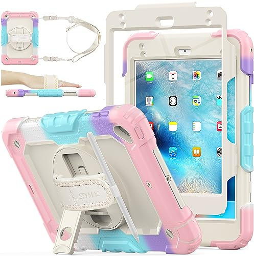 SEYMAC stock Case for iPad Mini 5th/4th Generation 7.9'', Full-body Protective Case with Screen Protector, Pencil Holder, 360° Rotating Stand & Hand Strap for iPad Mini 5/ Mini 4, Pink